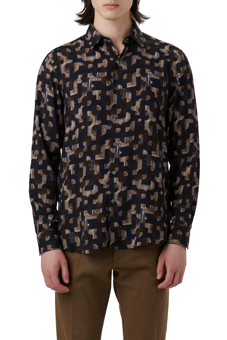 Julian Shaped Fit EcoVero™ Geo Print Button-Up Shirt, Main, color, CHESTNUT