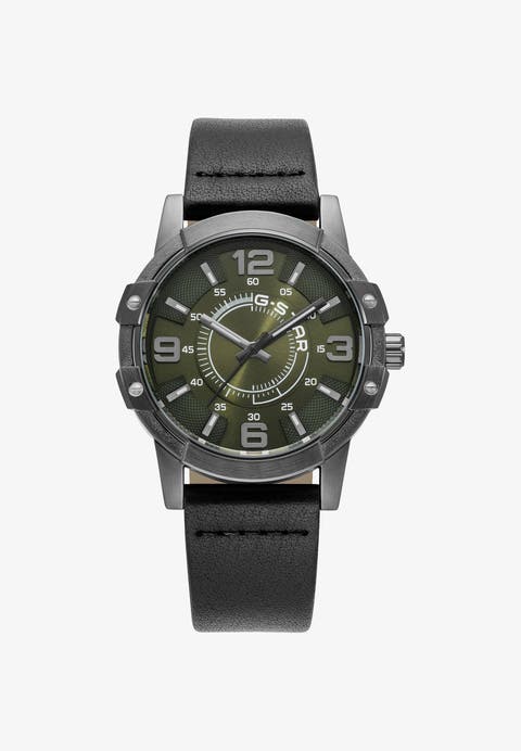 Constructed - 43mm, Olive Green Dial, Black Leather Strap Watch