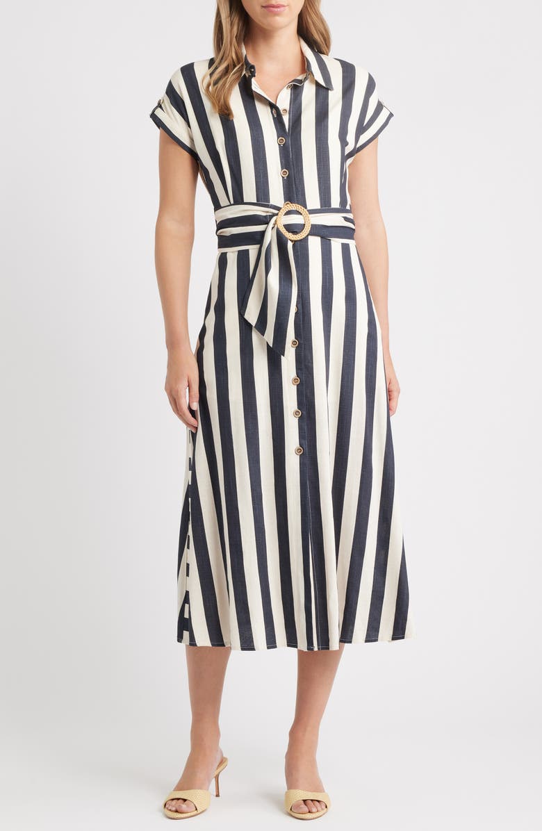 ZOE AND CLAIRE Stripe Belted Midi Shirtdress, Main, color, Navy