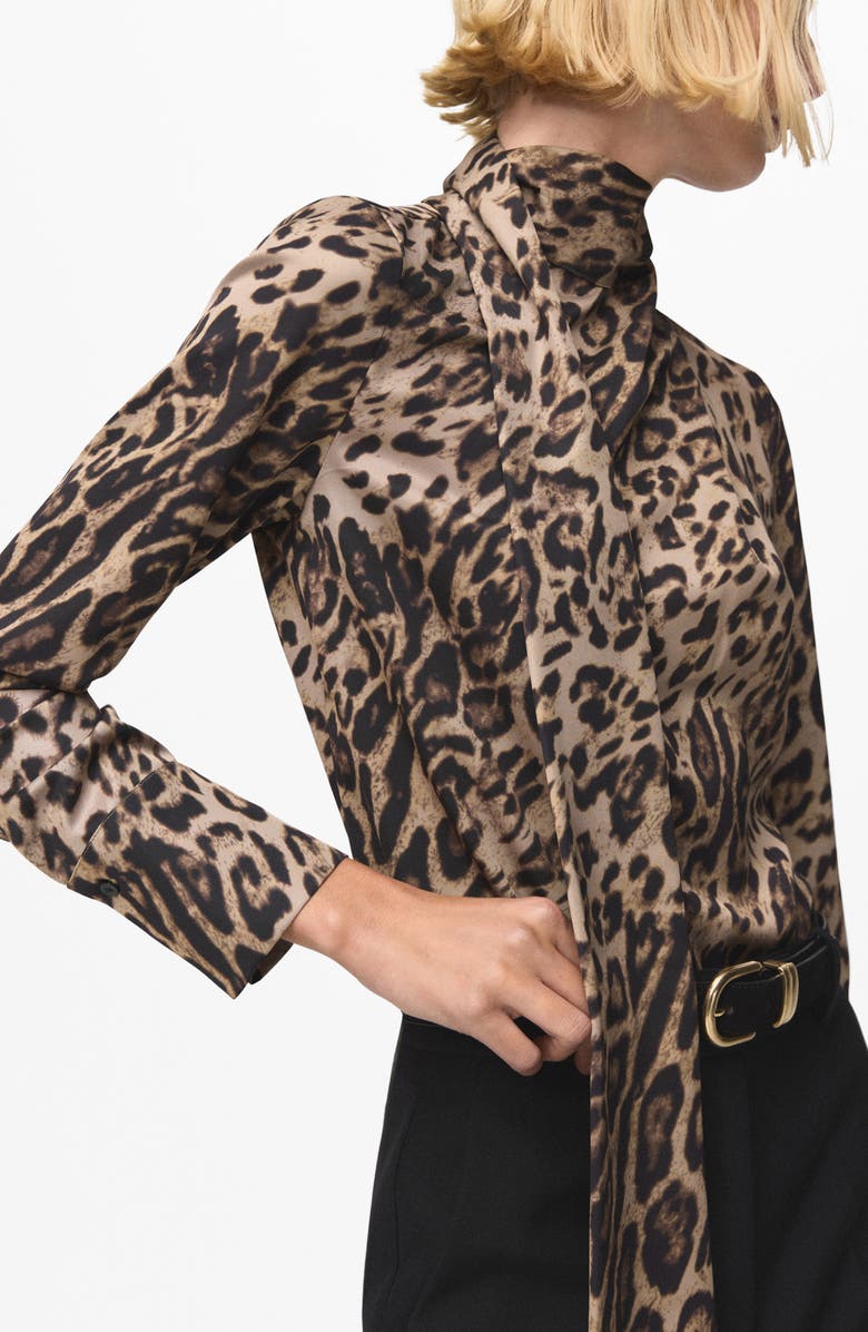 MANGO Animal Print Scarf Neck Top, Main, color, Black Brown