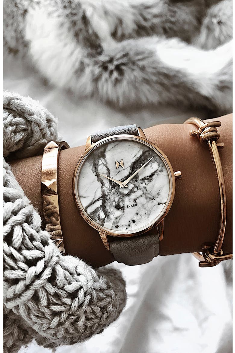 MVMT Boulevard Leather Strap Watch, 38mm, Alternate, color, GREY/ WHITE/ ROSE GOLD