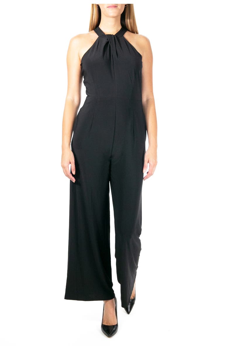 Nina Leonard Twist Halter Knit Jumpsuit, Main, color, Black