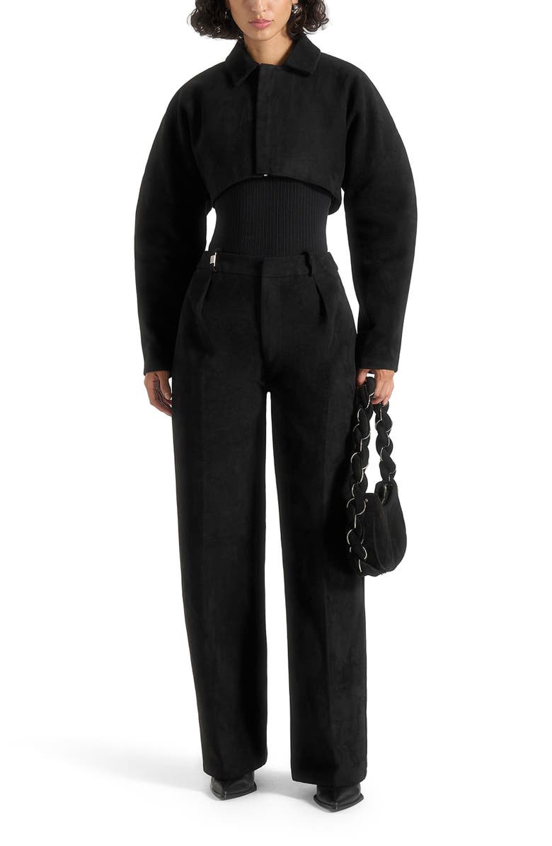 Manière De Voir Solene Suede Wide Leg Pleated Trousers, Alternate, color, Black