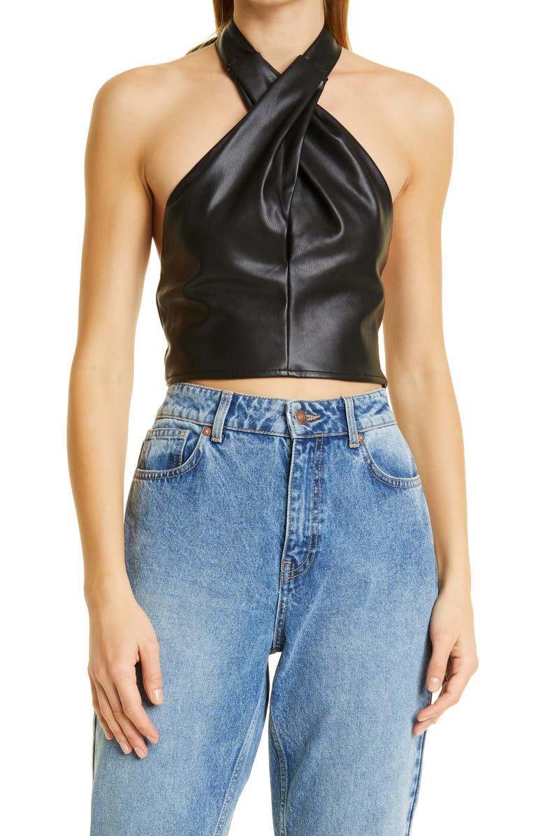 STAUD Kai Faux Leather Halter Top, Main, color,