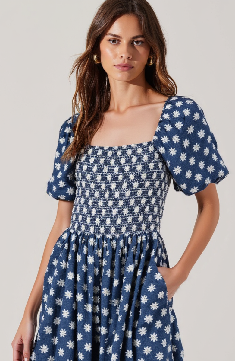 Modenaire Smocked Puff-Sleeve Midi Dress with Tiered Skirt and Pockets, Alternate, color, Blue / White Floral