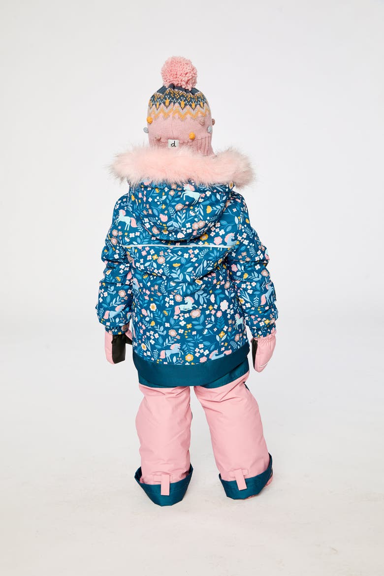 Discover Unicorn Faux Fur Hood Jacket & Suspender Pants Two Piece Snowsuit, Alternate, color, Blue and Pink Unicorn Print