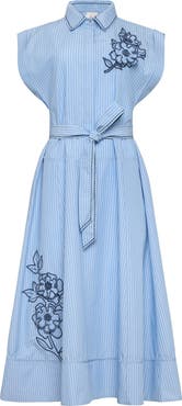 Cinq à Sept Callie Floral Appliqué Stripe Midi Shirtdress