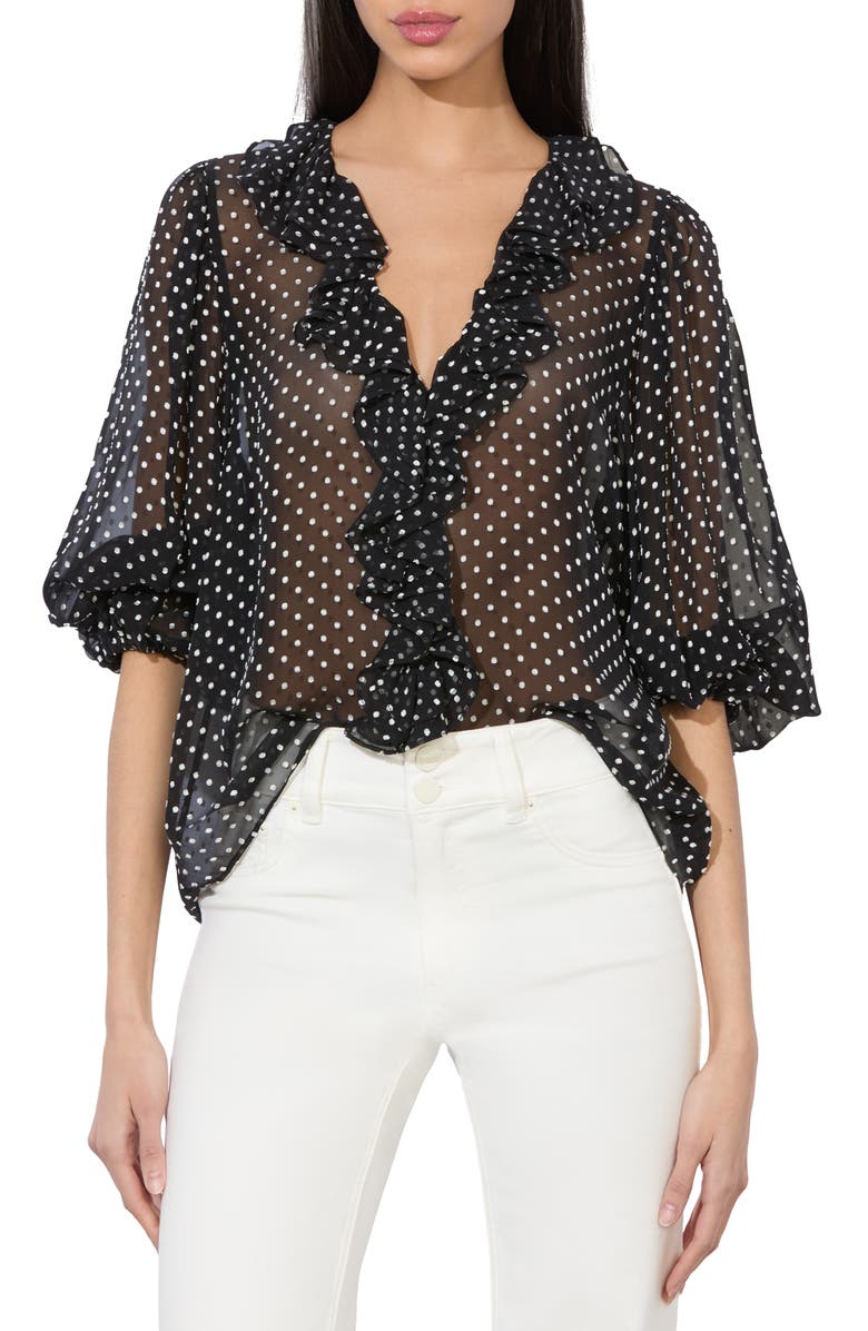 Alice + Olivia Betsie Clip Dot Ruffle Sheer Silk Blend Top, Main, color, Black/ Off White Polka Dot