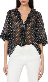 Alice + Olivia Betsie Clip Dot Ruffle Sheer Silk Blend Top