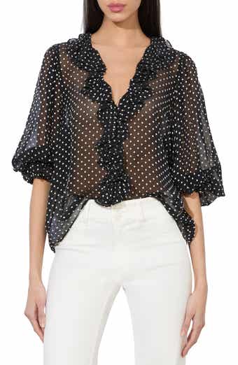 Alice + Olivia Betsie Clip Dot Ruffle Sheer Silk Blend Top