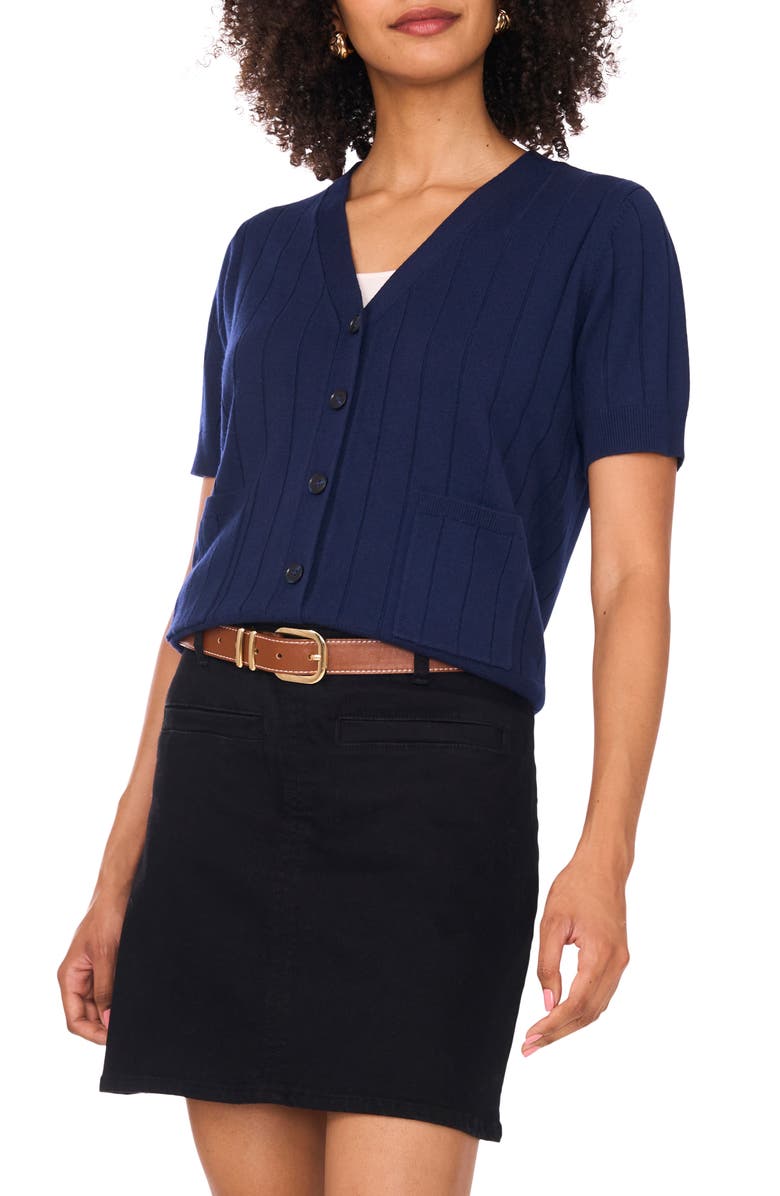 Vince Camuto Wide Rib Short Sleeve Cardigan, Main, color, Classic Navy
