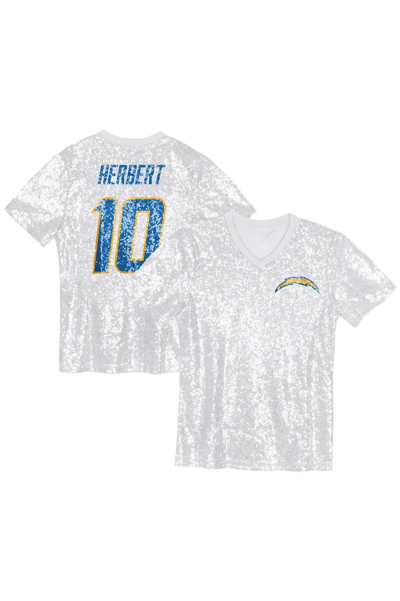 Girls Youth Justin Herbert Powder Blue Los Angeles Chargers Sequin V-Neck Fashion Jersey, Main, color, White