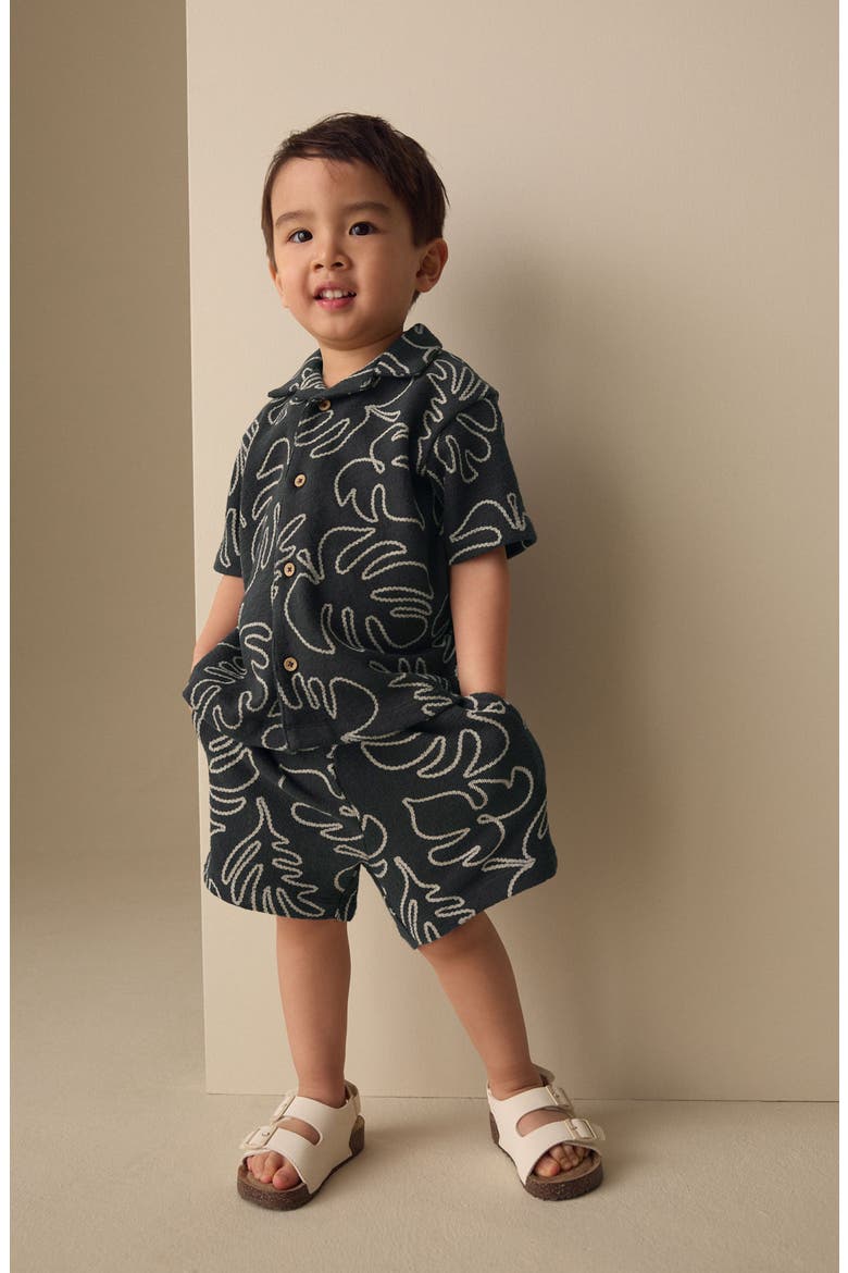 Kids' Palm Leaf Button-Up Shirt & Shorts Set, Alternate, color, BLACK