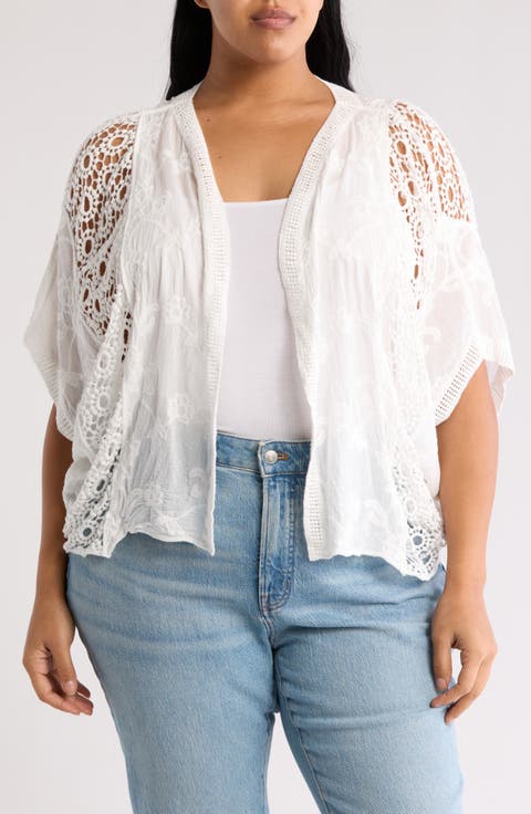 Embroidered Eyelet High/Low Cardigan (Plus)
