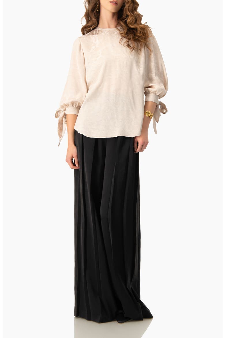 Floral Jacquard Tie-Cuff Blouse with Three-Quarter Sleeve, Alternate, color, Beige