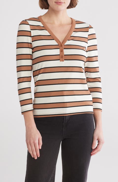 Stripe Long Sleeve Henley T-Shirt