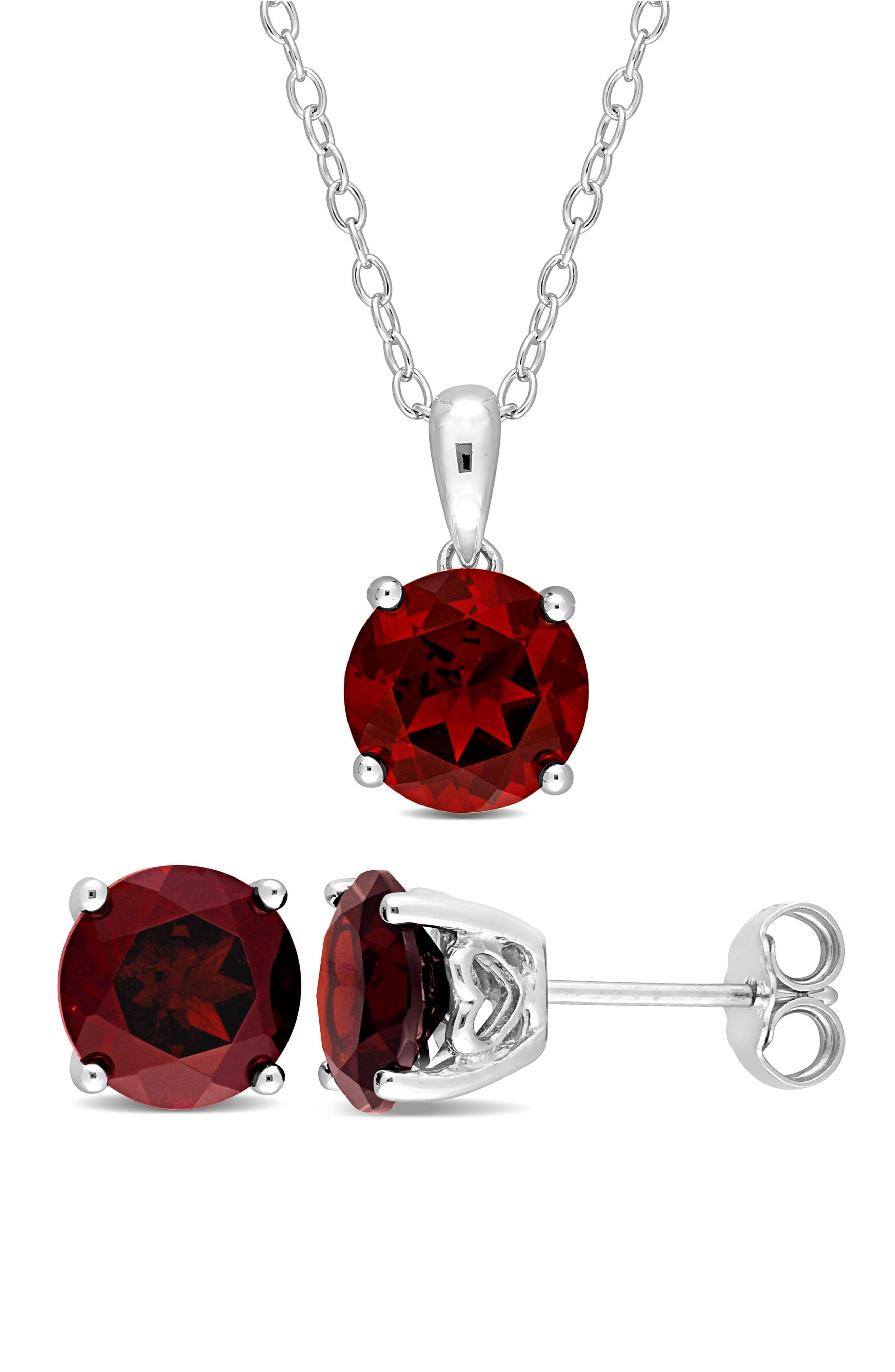 Garnet Solitaire Pendant Necklace & Stud Earrings Set
