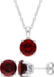 DELMAR Garnet Solitaire Pendant Necklace & Stud Earrings Set