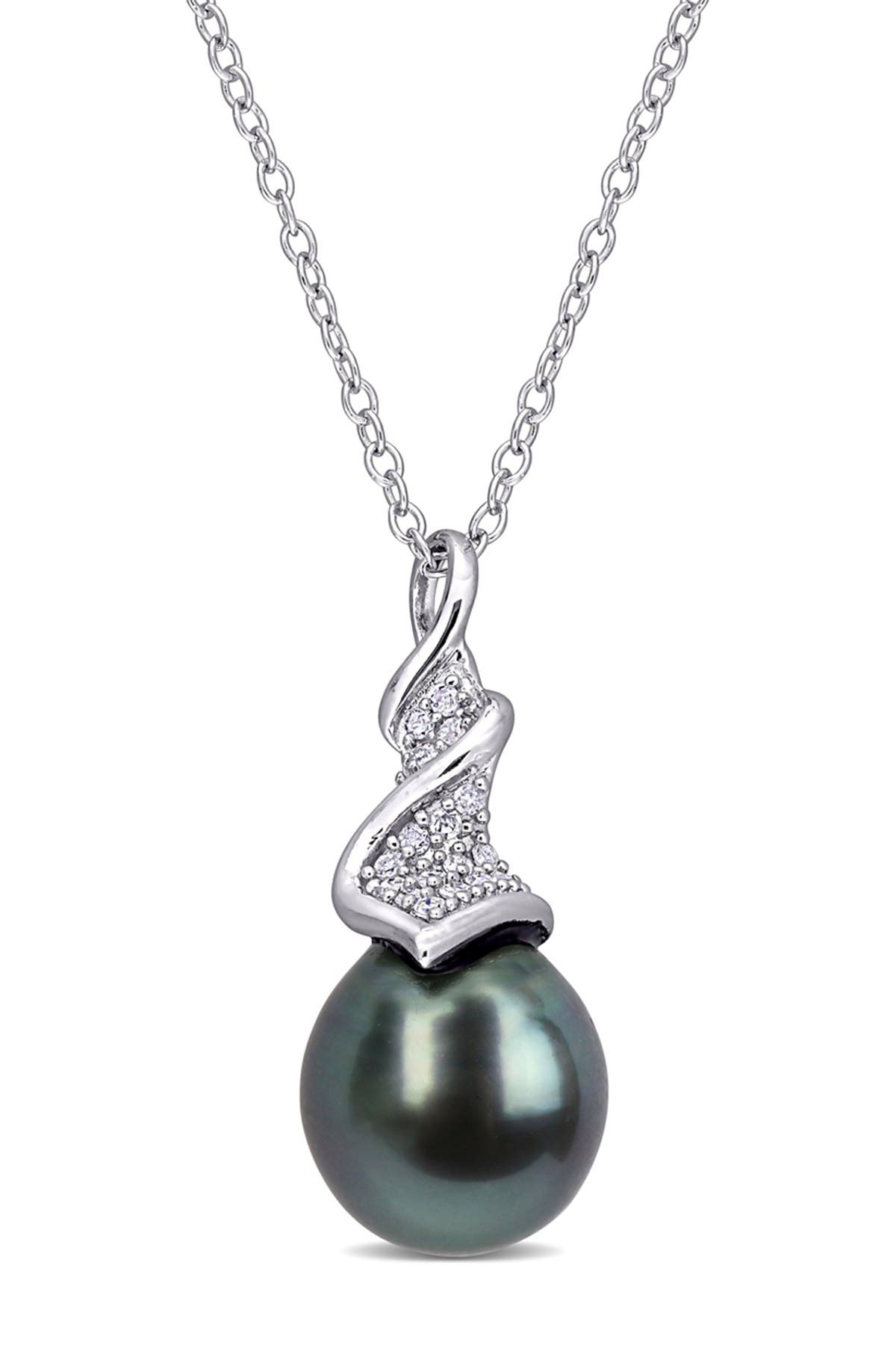 DELMAR Diamond & Black Tahitian Cultured Pearl Twist Drop Pendant - 0.09ct.