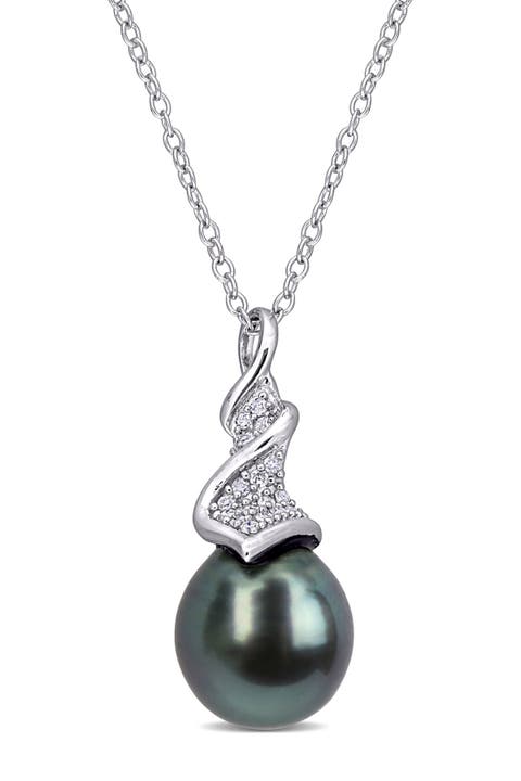 Diamond & Black Tahitian Cultured Pearl Twist Drop Pendant - 0.09ct.