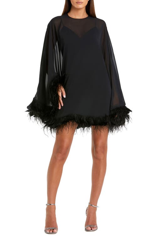 Mac Duggal Long Sleeve Feather Trim Trapeze Minidress In Black