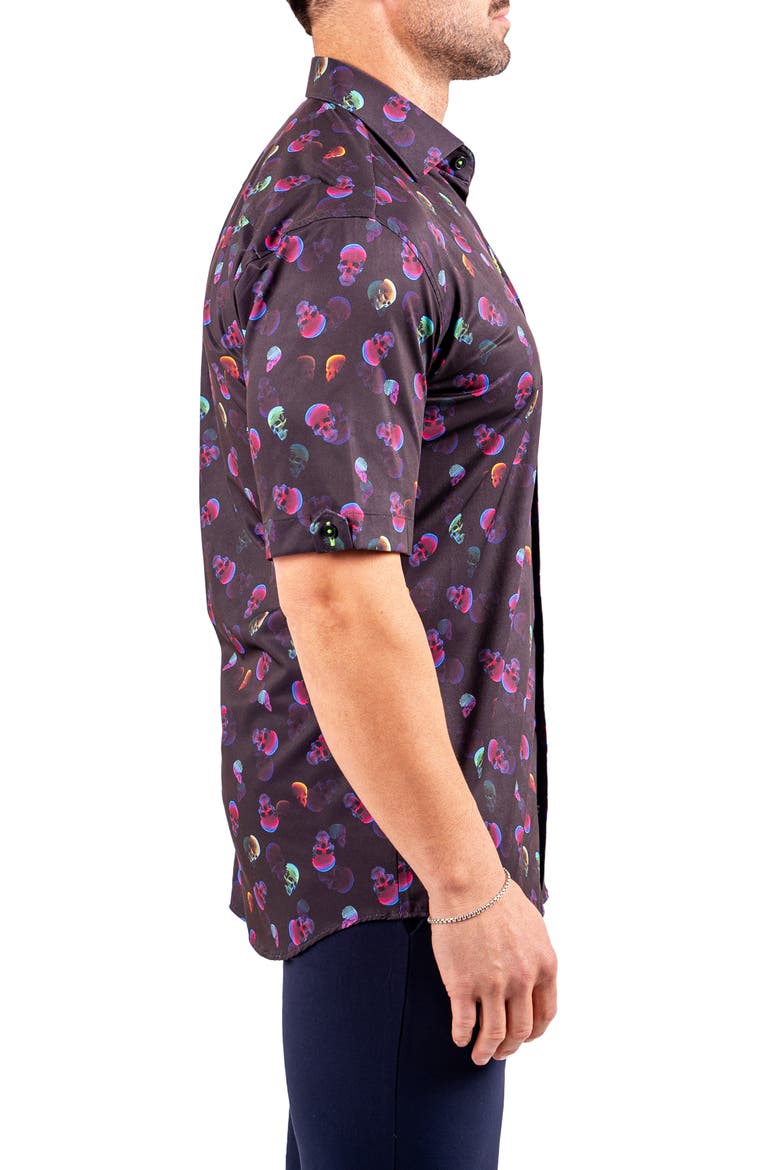 Galileo Resistance0347 Black Skull Print Short Sleeve Cotton Button-Up Shirt, Alternate, color, BLACK