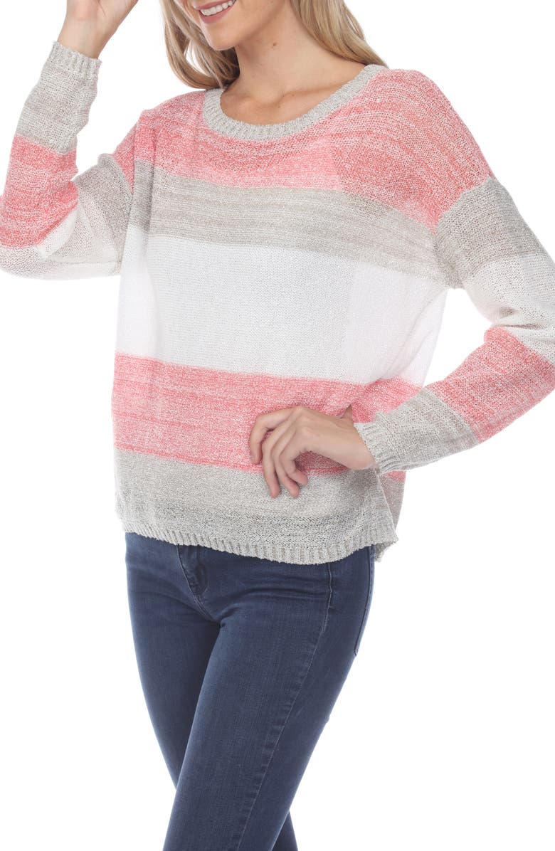 RAIN AND ROSE Stripe Long Sleeve Openwork Knit Top, Alternate, color, Fuchsia