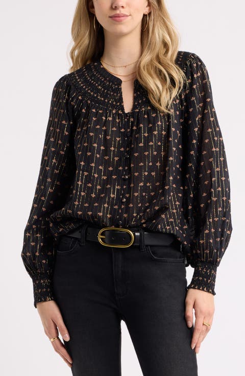 Print Smocked Yoke Button-Up Shirt