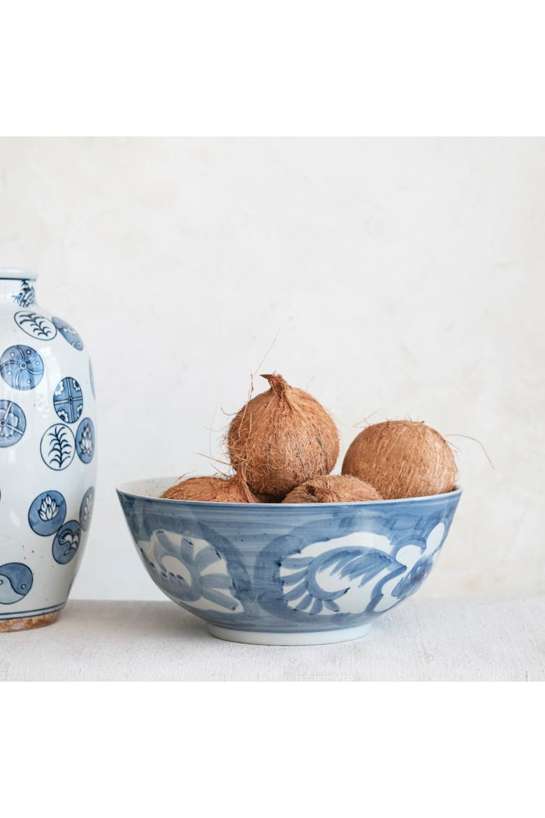 Hand Painted Stoneware Bowl with Floral Design, Blue and White, Alternate, color, Blue