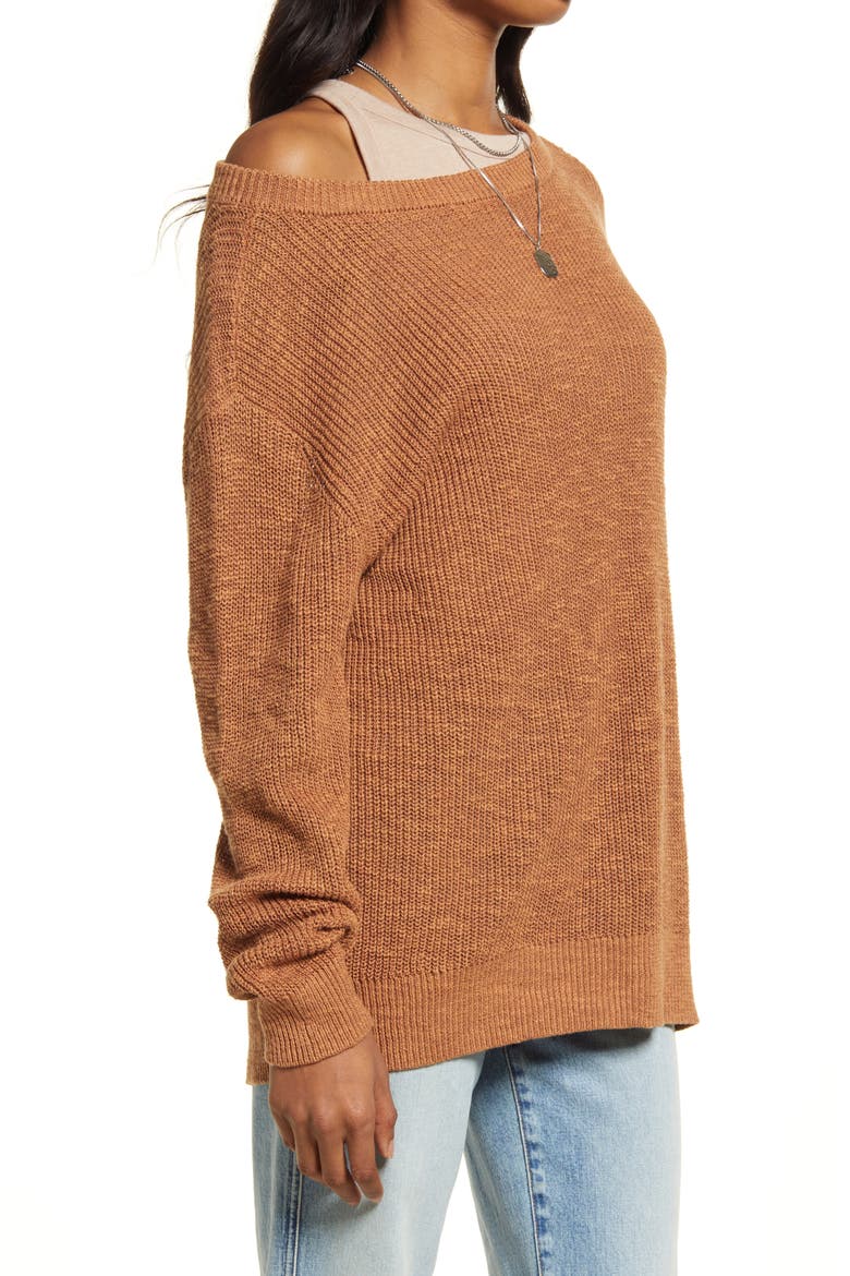 Women's Off the Shoulder Linen Blend Sweater, Alternate, color, TAN THRUSH