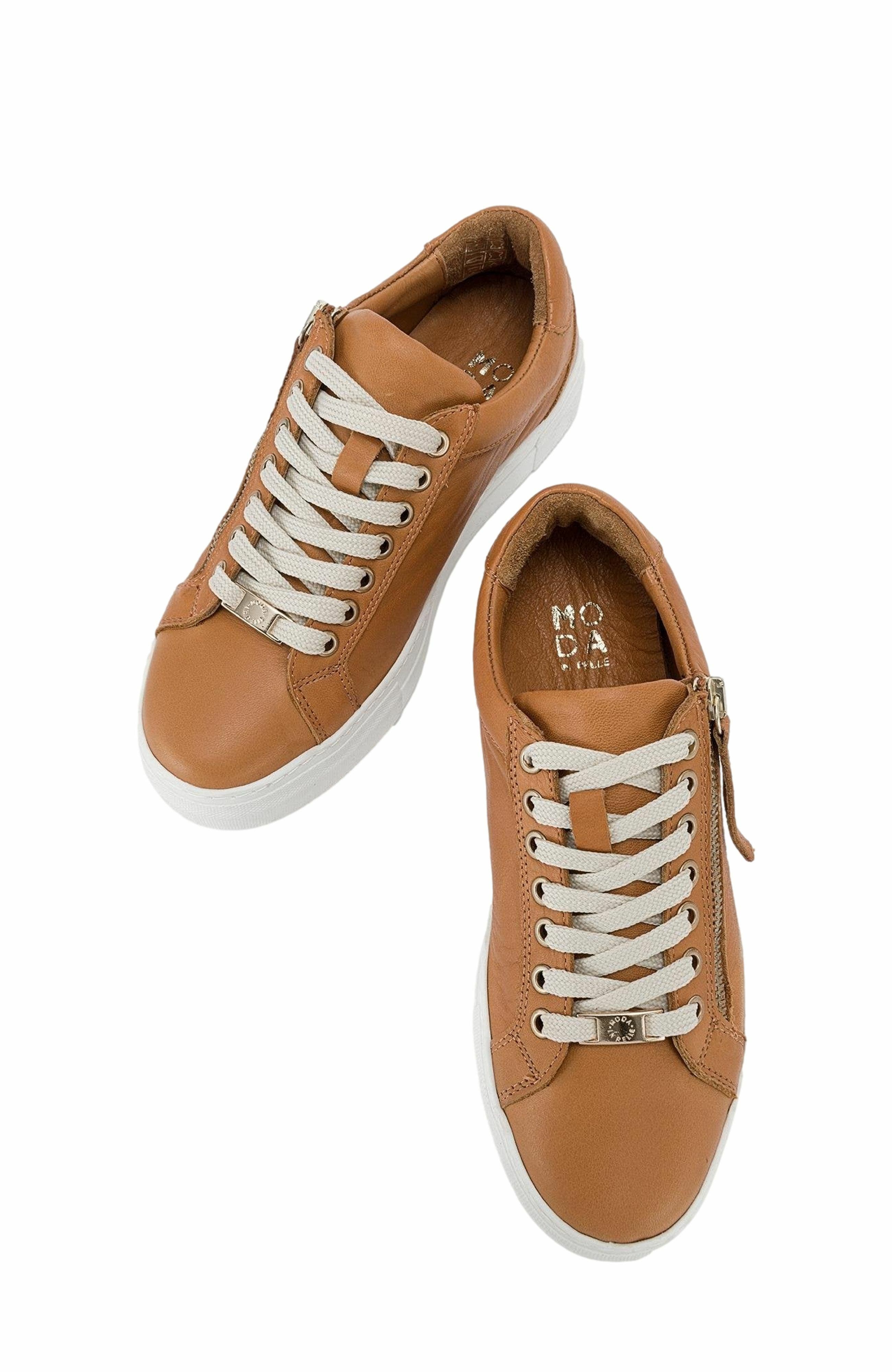 Forever & Always Shoes Beryl Leather Zip Sneaker, Alternate, color, Cognac Brown Leather