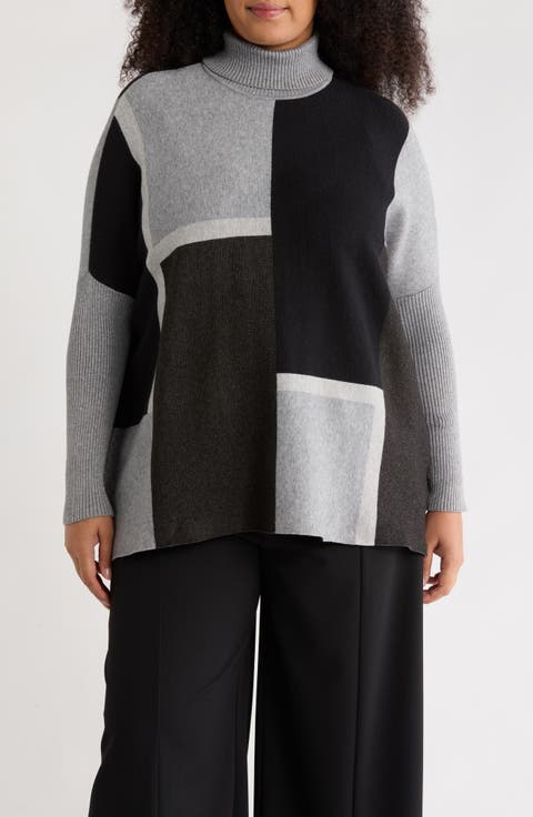 Printed Turtleneck Poncho (Plus)