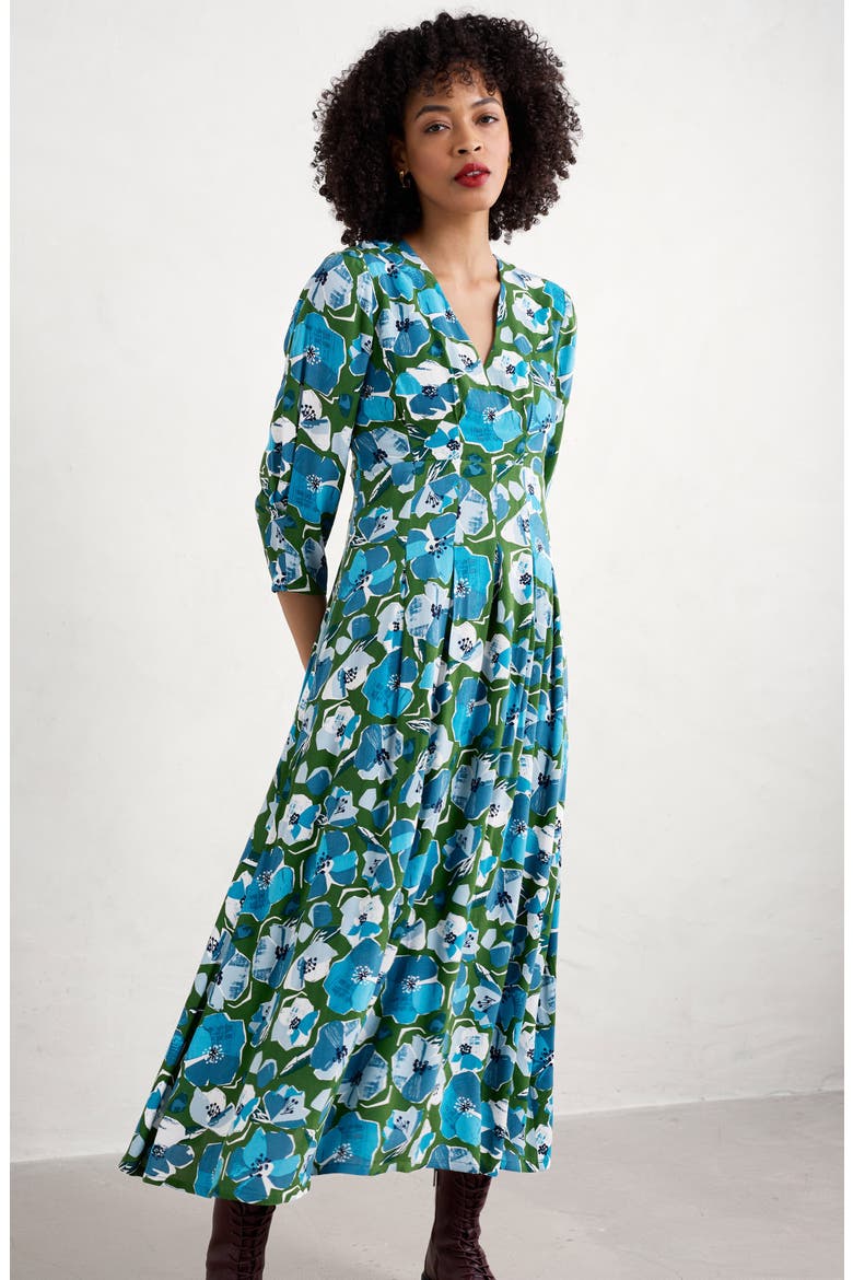 Etta Floral Pleated Midi Dress, Alternate, color, PAPER HELLEBORES FOREST GREEN