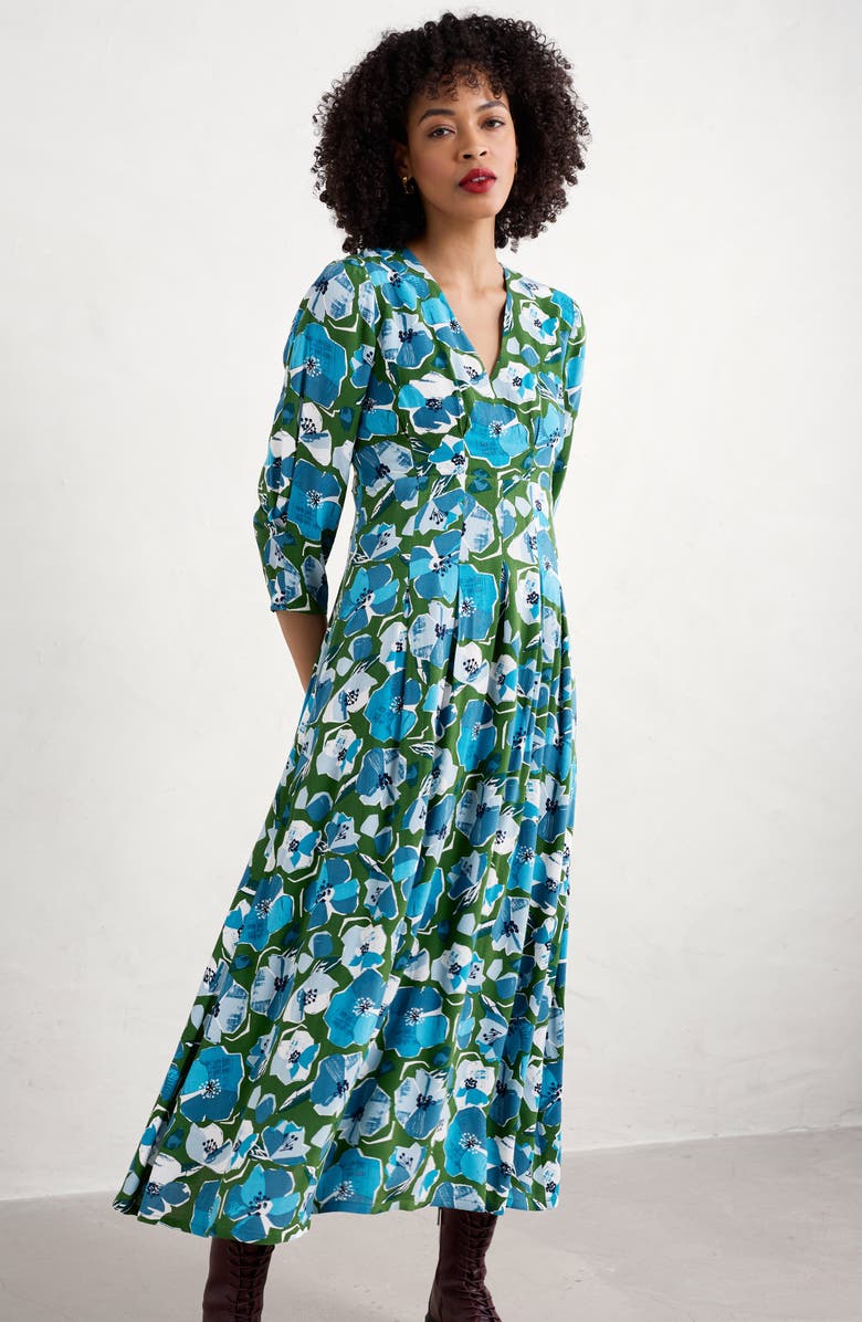 Seasalt Cornwall Etta Floral Pleated Midi Dress, Alternate, color, Paper Hellebores Forest Green