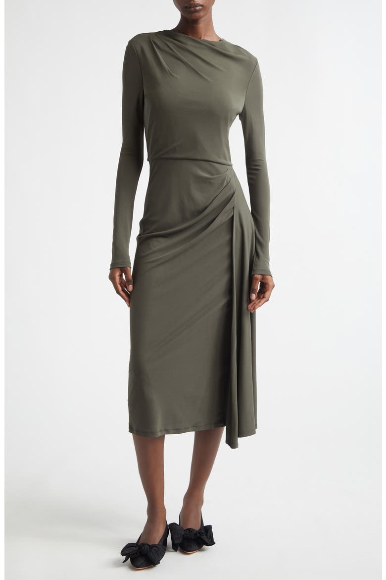 Long Sleeve Draped Midi Dress, Main, color, MILITARY GREEN