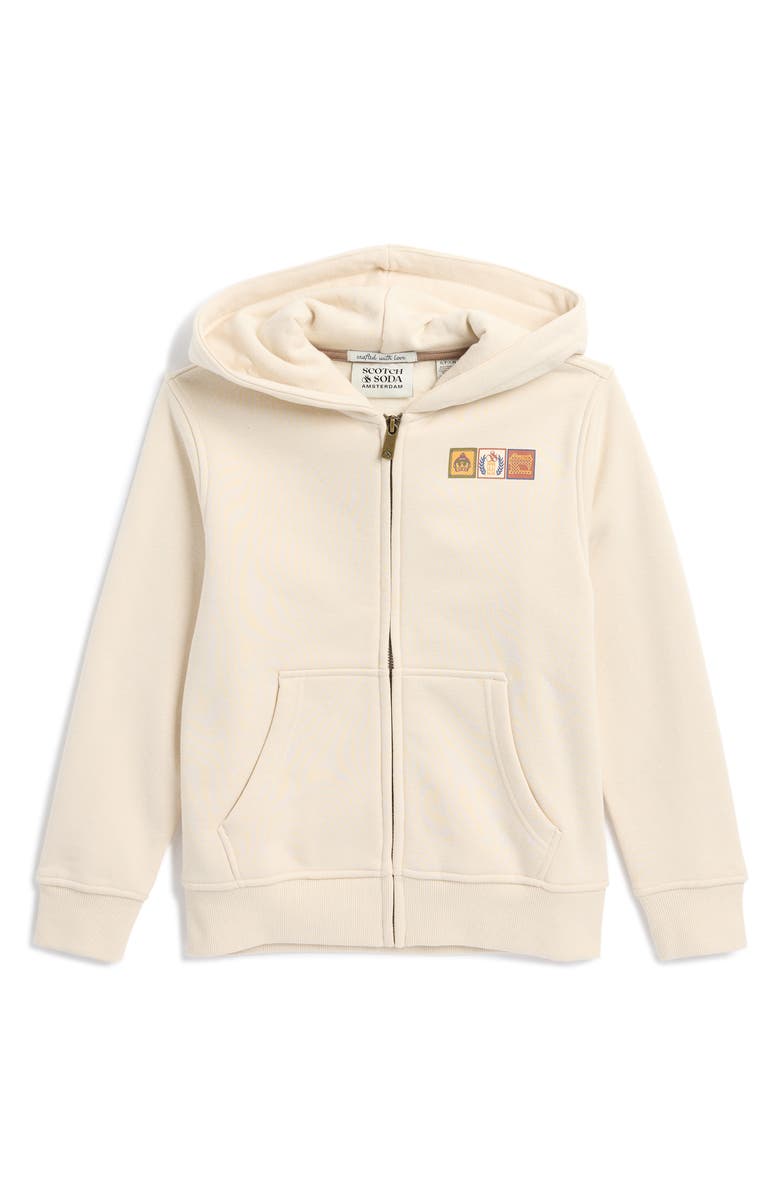 Scotch & Soda Kids' Fleece Zip-Up Graphic Hoodie, Main, color, Light Beige