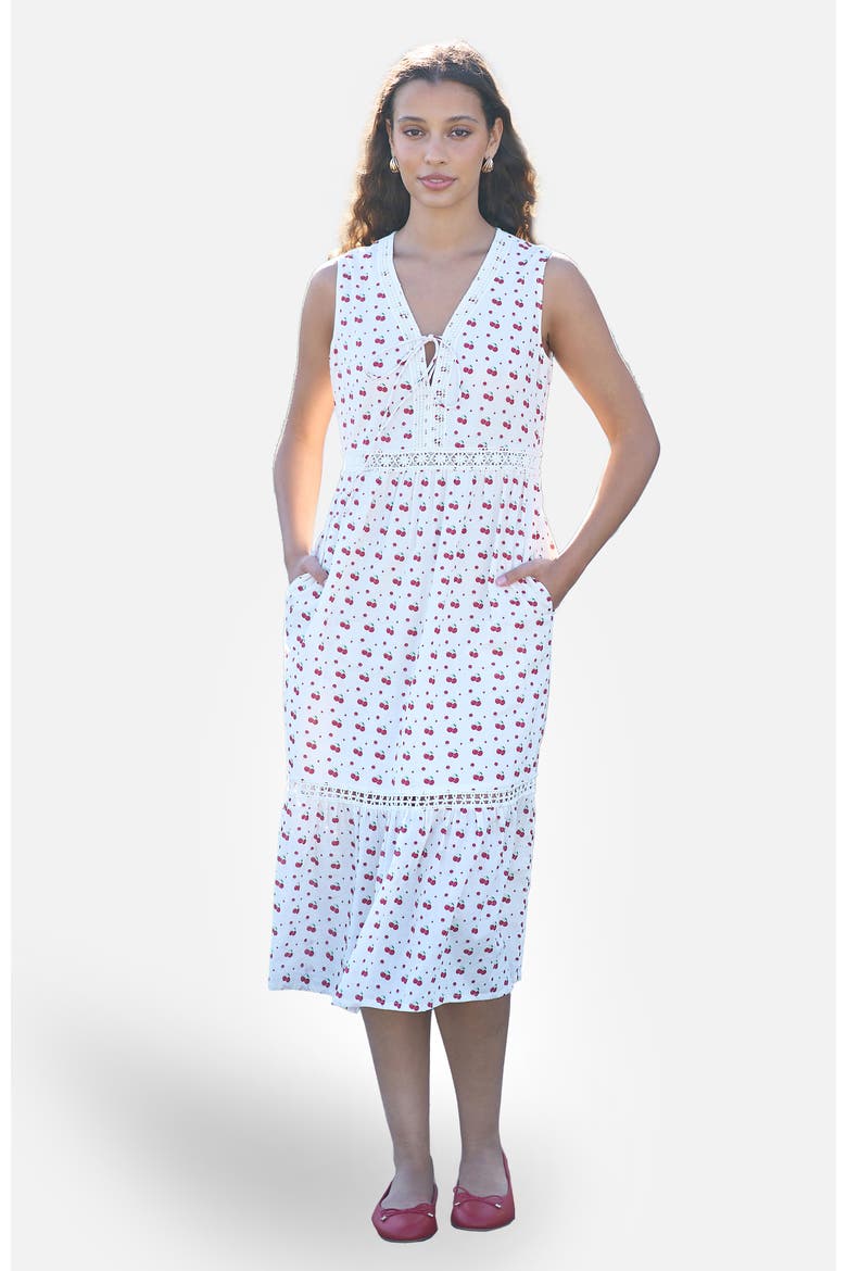 Cherry Print Lace Trim Cotton Midi Dress, Main, color, White