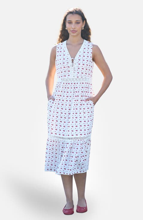 Cherry Print Lace Trim Cotton Midi Dress