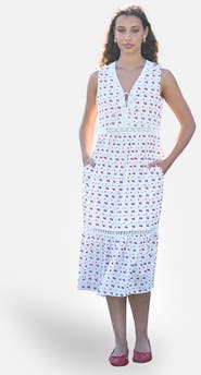 Yumi Cherry Print Lace Trim Cotton Midi Dress