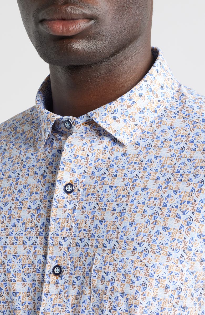 Johnston & Murphy XC Motion Performance Knit Button-Up Shirt, Alternate, color, Blue/ Tan Split Disc