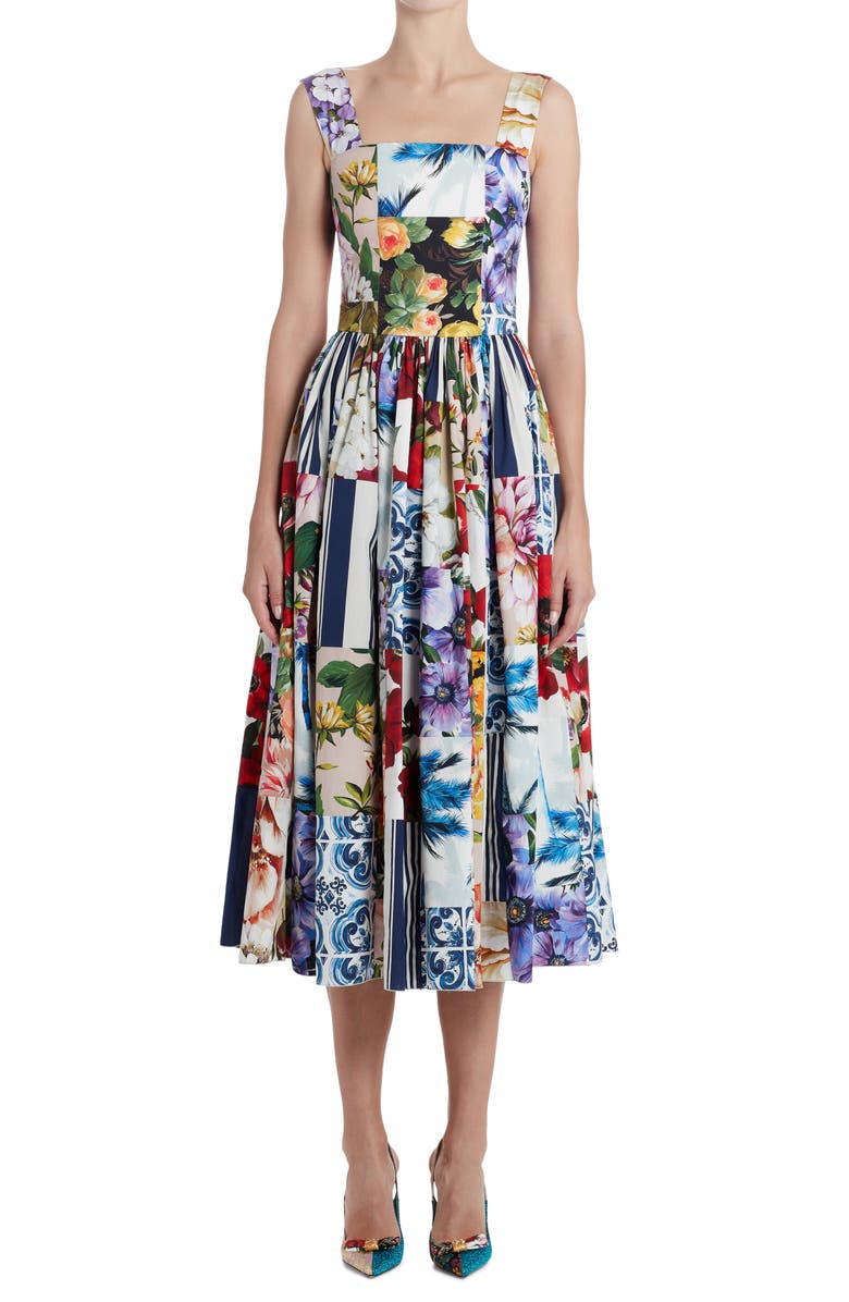 Dolce&Gabbana Patchwork Print Cotton Poplin Fit & Flare Midi Dress, Main, color, 
