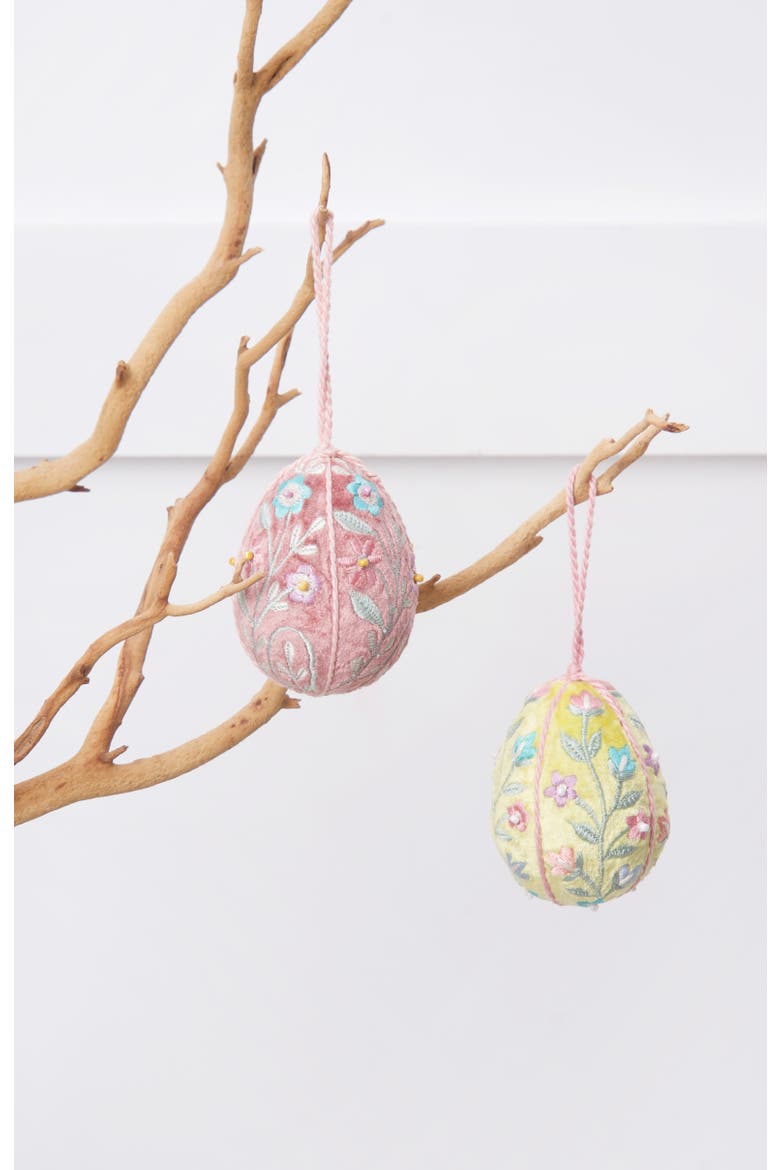 Yellow Vintage Velvet Floral Hanging Easter Egg Ornament 3.5", Alternate, color, Yellow