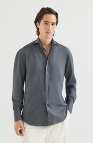 Brunello Cucinelli Stretch cotton chevron flannel shirt with spread collar