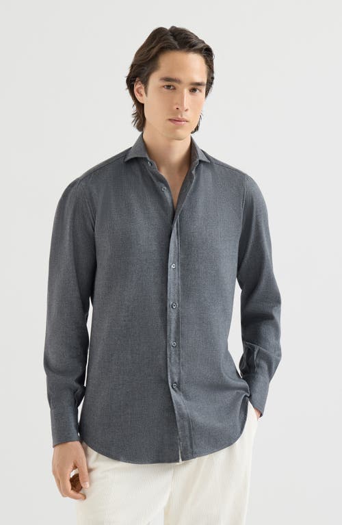 Brunello Cucinelli Stretch cotton chevron flannel shirt with spread collar in Dark Grey at Nordstrom, Size Xx-Small