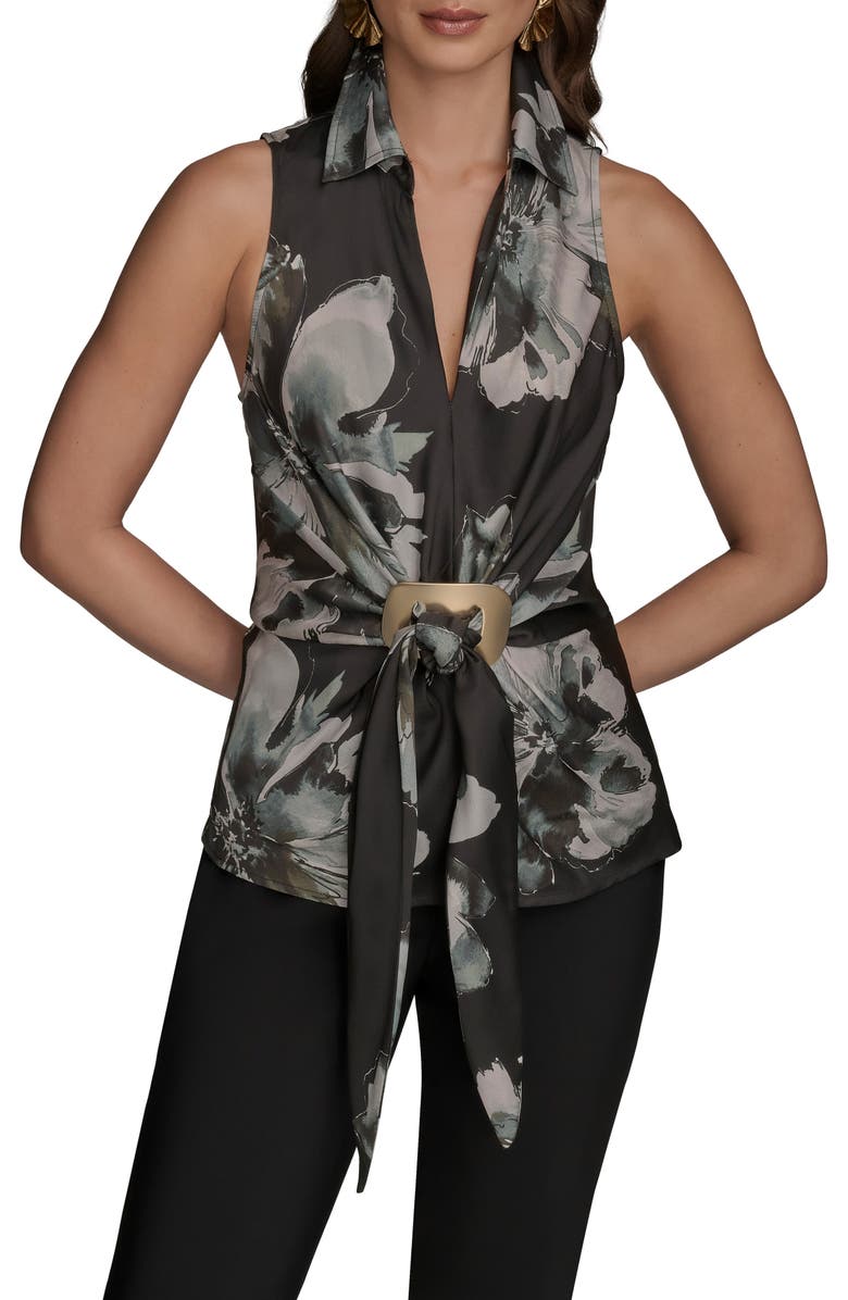 Donna Karan New York Floral Faux Wrap Sleeveless Top, Main, color, Black Multi