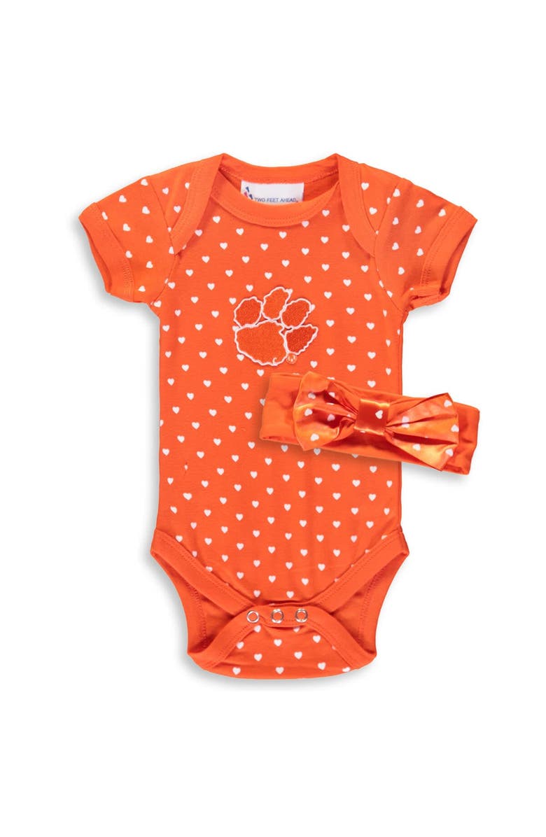 TWO FEET AHEAD Girls Newborn & Infant Orange Clemson Tigers Hearts Bodysuit and Headband Set, Main, color, Orange