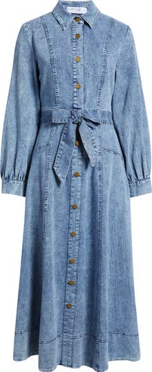 Emberly Tie Belt Three-Quarter Sleeve Stretch Denim Maxi Dress