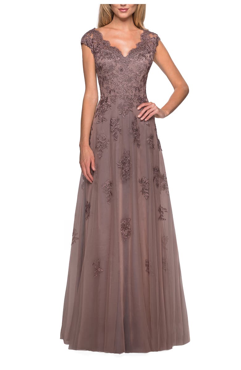 La Femme Short Sleeve Lace Gown with Cascading Embellishments, Main, color, Cocoa