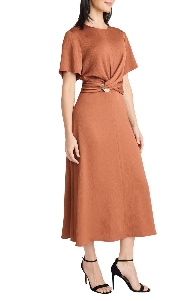 Maggy London Buckle Detail Hammered Satin Midi Dress, Alternate, color, Coconut Shell