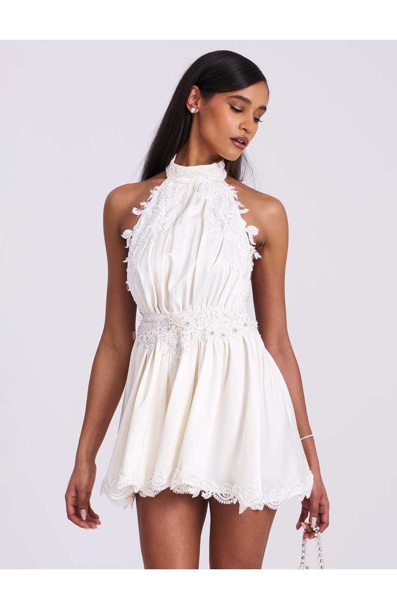 Miss Circle Idalia Beaded Lace Trim Backless Halter Mini Dress, Alternate, color, White